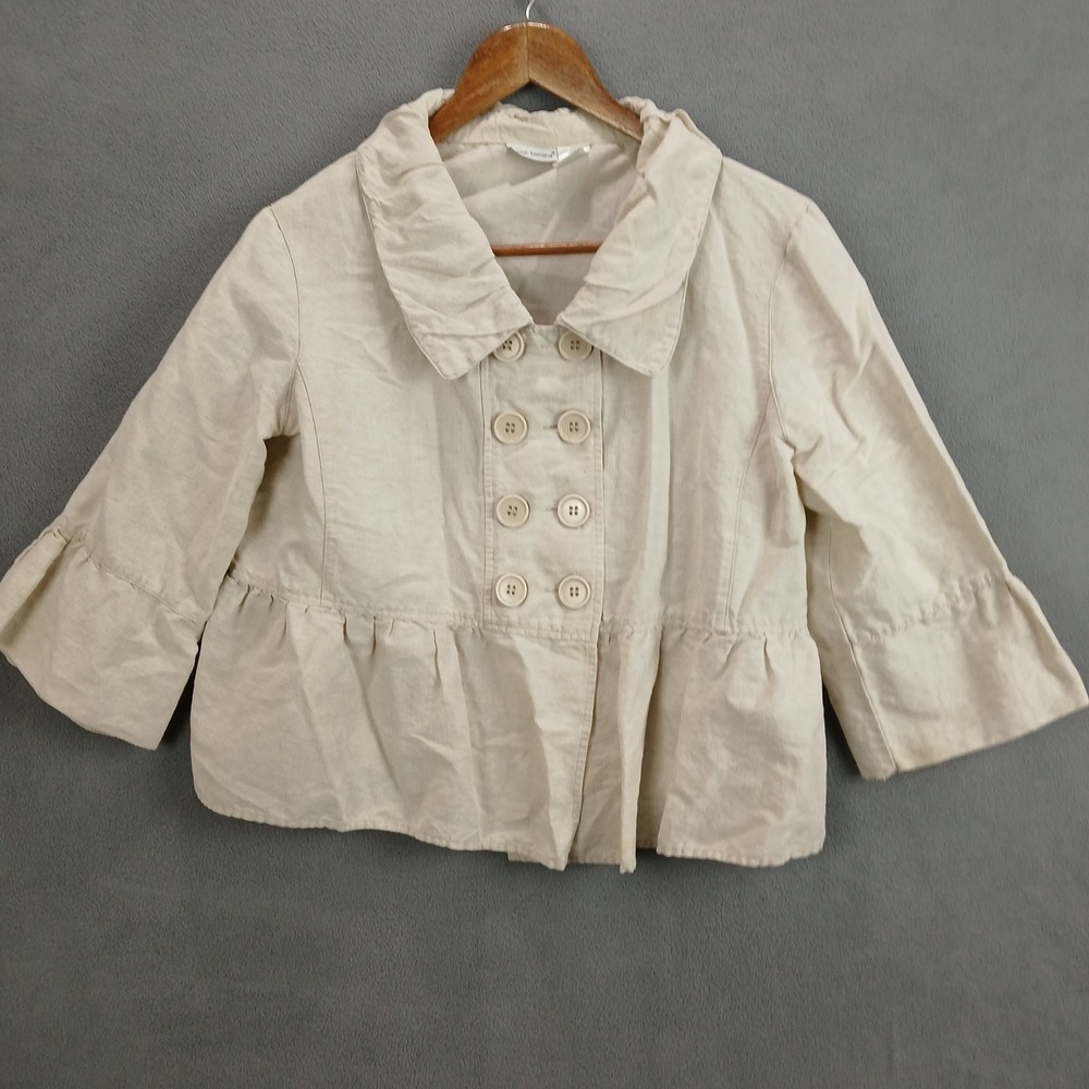 Harve Benard Blouse Top Womens Large Beige Linen Ruffle Hem Button Front Modern